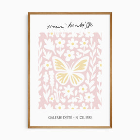 Butterfly and floral wall print in Matisse style with pink background