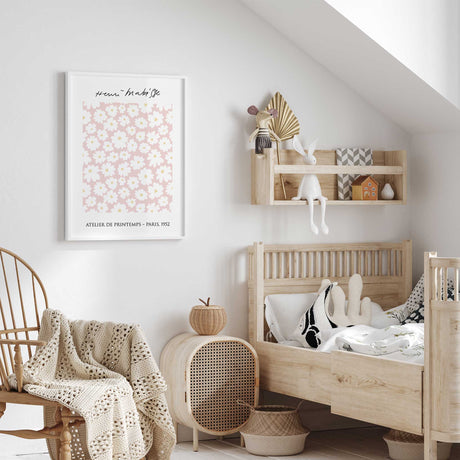 Matisse style pink floral wall art with white daisies on blush background