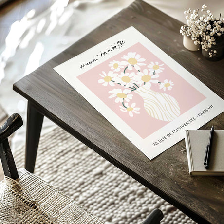 Matisse inspired daisy wall art print set in soft pink and yellow tones