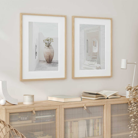 two piece mediterranean art set with bright white buildings and warm earthy accents