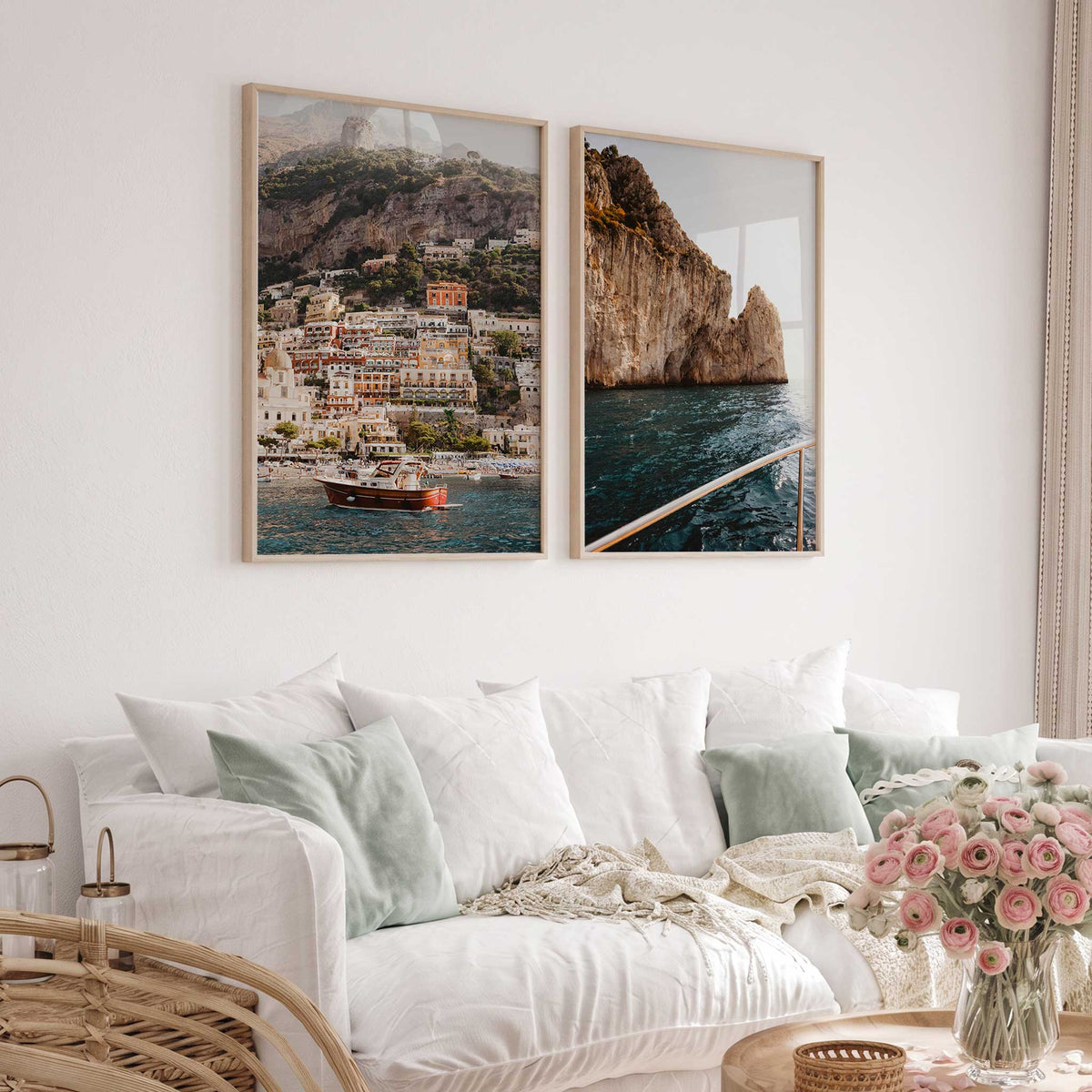 Mediterranean photography print set featuring the colourful Positano coastline, rocky cliffs and boats on blue water