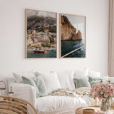 Mediterranean photography print set featuring the colourful Positano coastline, rocky cliffs and boats on blue water