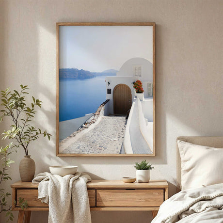Mediterranean wall art featuring Santorini architecture and coastal scenery.