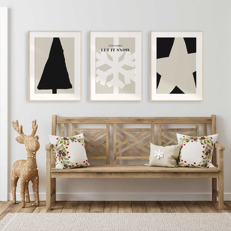 Modern minimalist Christmas wall art set of 3 with tree, snowflake, and star prints.
