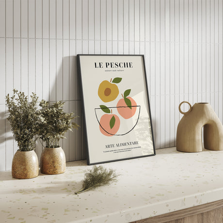 Minimalist fruit illustration print featuring abstract peaches and green leaves in Scandinavian art style