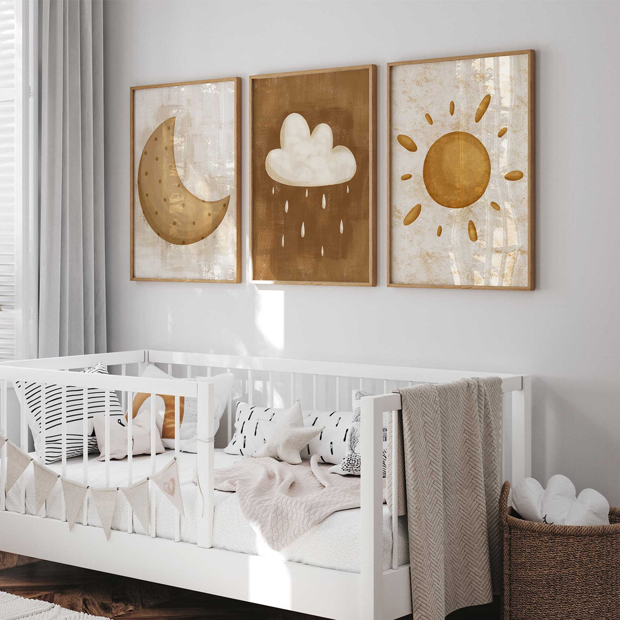 Minimalist nursery art set featuring beige sun, crescent moon, and raincloud designs.