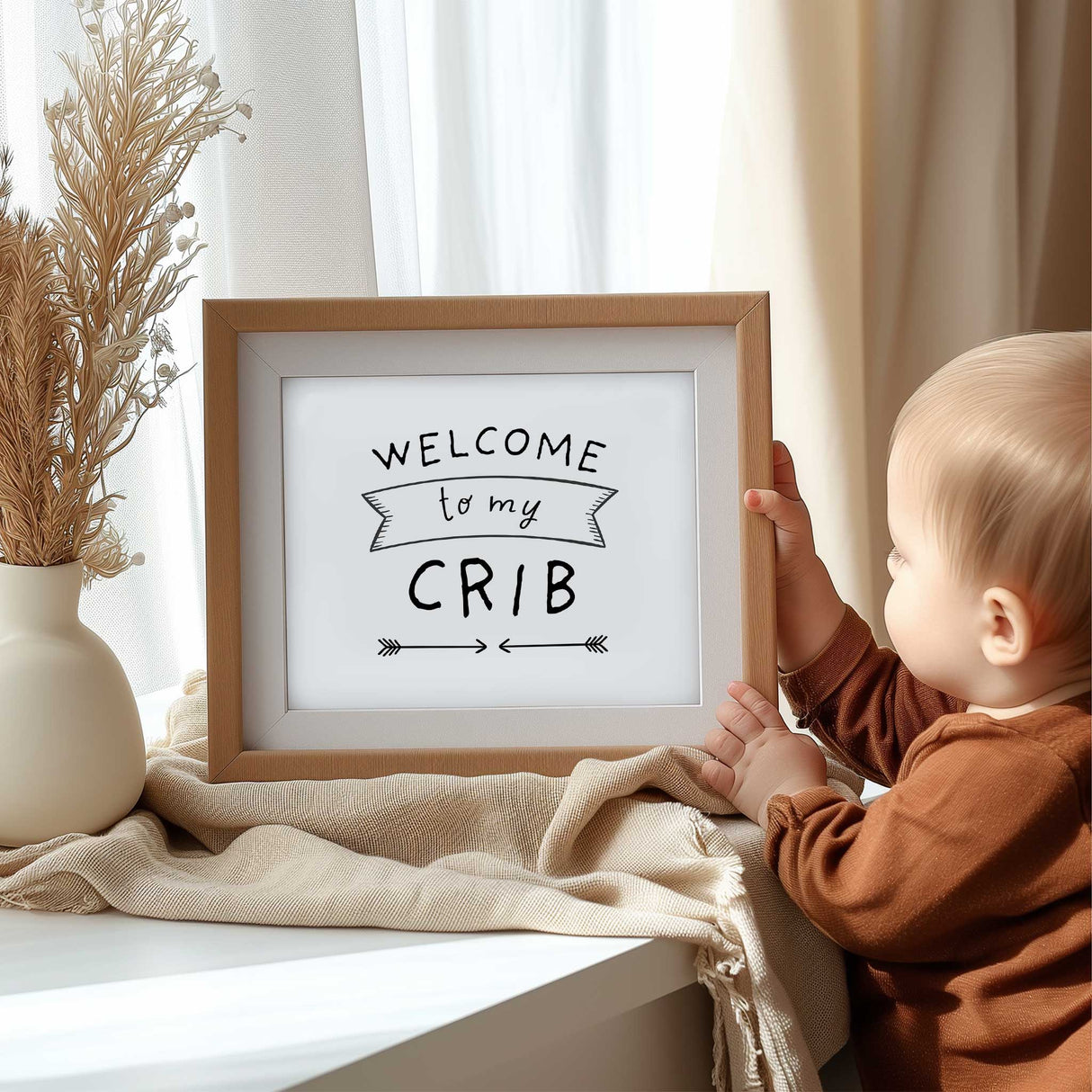 Modern black and white wall art print for baby room with playful text
