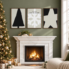 Three neutral Christmas prints featuring a black tree, beige star and snowflake with Let It Snow text.