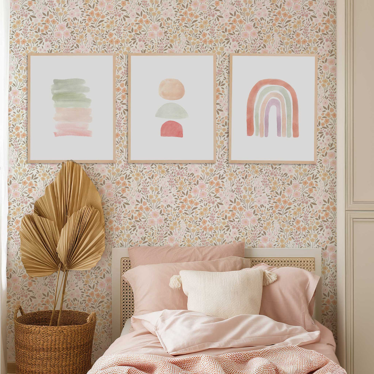 Modern girls bedroom wall art with pastel rainbow design