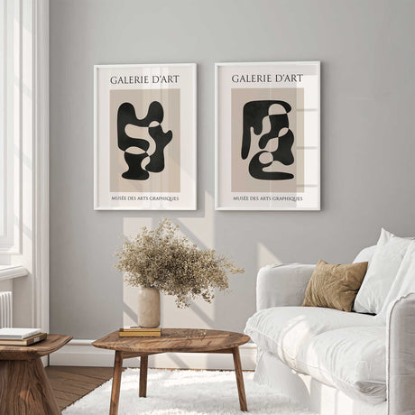 Coordinating abstract prints with contrasting black organic shapes, beige backgrounds and cream typography surrounds.