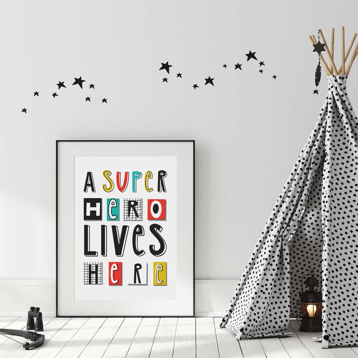 Modern superhero inspired kids wall art with graphic lettering
