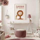 Personalised monkey safari print wearing a party hat with little adventurer wording on a striped nursery background.