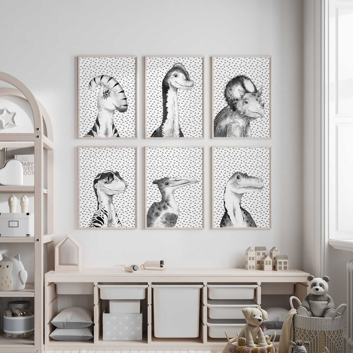 Six monochrome dinosaur head and neck portraits with expressive faces and repeating black patterns on white backgrounds.