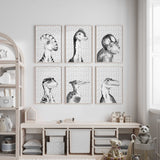 Six monochrome dinosaur head and neck portraits with expressive faces and repeating black patterns on white backgrounds.