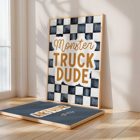 Personalized name print for boys' room with racing flags design