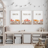 Monster truck quote print set featuring red and orange trucks and the words Monster, Trucks Are and My Jam on white.