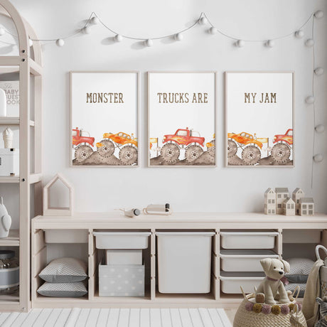 Monster truck quote print set featuring red and orange trucks and the words Monster, Trucks Are and My Jam on white.