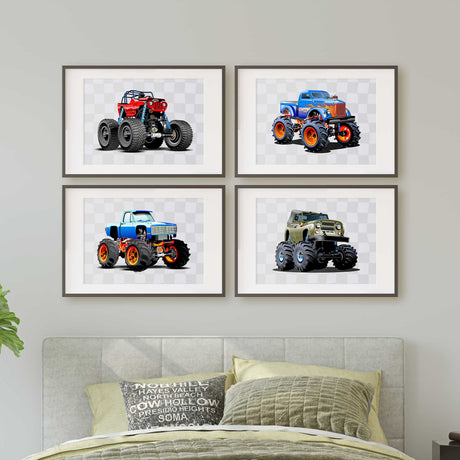 Blue and orange monster truck nursery print for boys bedroom decor