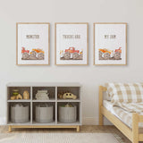 monster truck nursery prints displayed together featuring watercolor trucks for toddler boy room decor