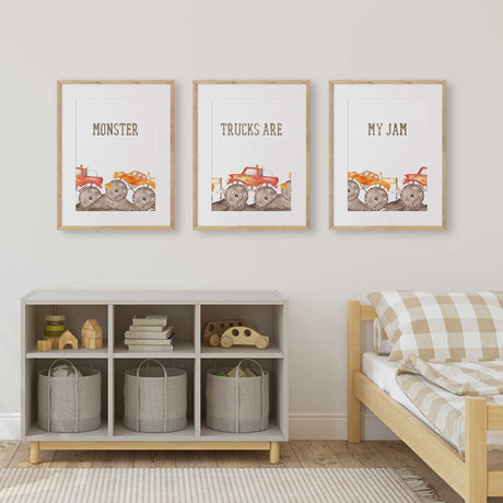 monster truck nursery prints displayed together featuring watercolor trucks for toddler boy room decor