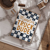 orange Monster Truck Dude lettering over watercolour-style charcoal and off-white checks on a portrait quote print.