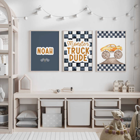Monster truck racing-themed print set for kids' bedrooms