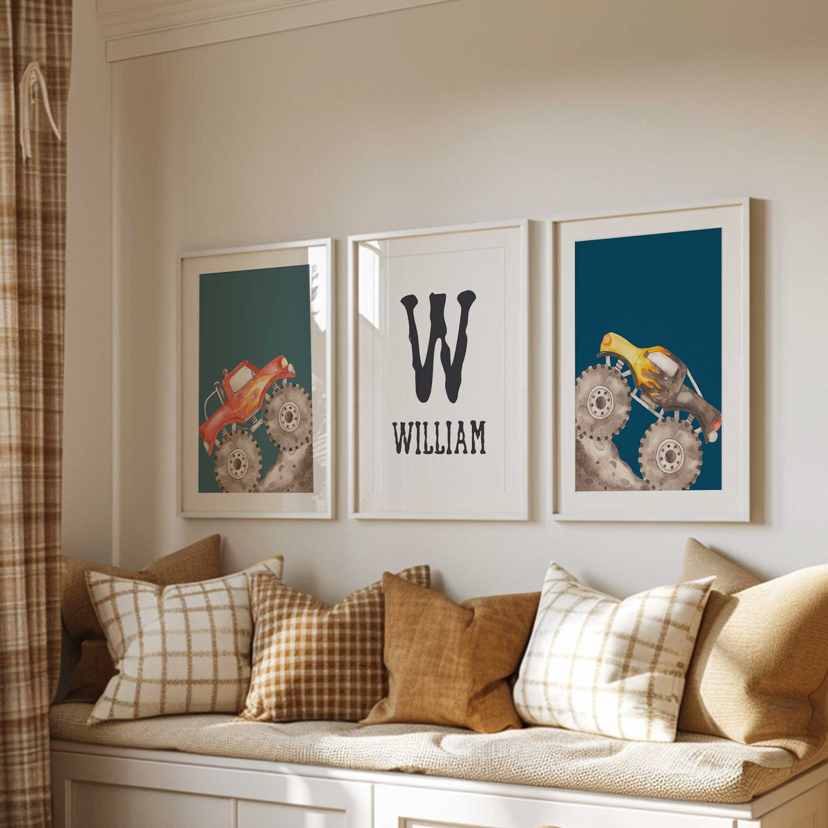 Three monster truck prints with a red truck on teal, black initial and name, and yellow truck on deep blue.