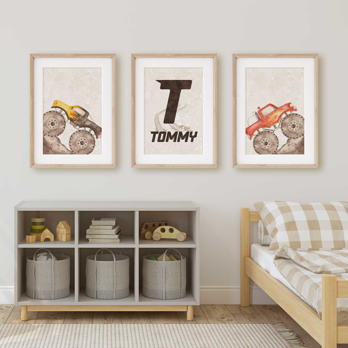 A set of three watercolor monster truck prints featuring off-road trucks on a neutral textured background, perfect for a boys nursery or toddler bedroom.