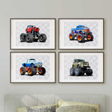 Four monster truck prints with red, blue and olive green vehicles, oversized black tyres and matching grey check backgrounds.