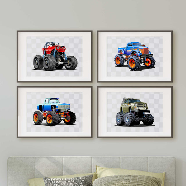 Four monster truck prints with red, blue and olive green vehicles, oversized black tyres and matching grey check backgrounds.