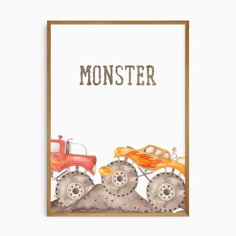 Monster truck print with brown Monster lettering above red and orange trucks with oversized tyres on a dirt track.