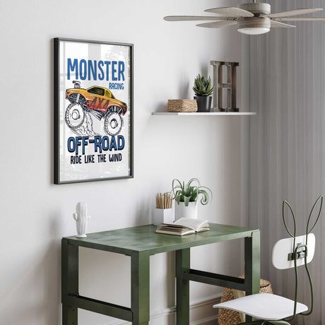 Graphic monster truck print with orange and yellow bodywork, black tyre outlines, blue Off-Road lettering and racing text.