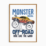 Monster truck wall art print for boys bedroom with racing theme