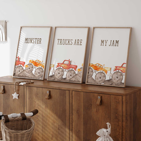 Monster truck wall art set of 3 prints for boys bedroom decor