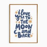 Moon and back nursery print set with space themed wall art for a baby room