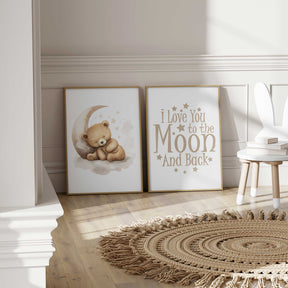 Baby nursery print set featuring a sleeping teddy bear on the moon with 'I Love You to the Moon and Back' text. Cute and cozy wall art for baby boys room.