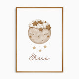 set of three fairy nursery prints with moon illustration in soft neutral palette