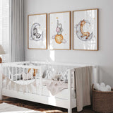 moon safari nursery wall art set with giraffe elephant and zebra