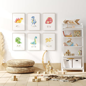 Set of 6 colourful dinosaur wall art prints with motivational quotes for kids rooms