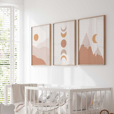 Kids mountain wall art with crescent moon in minimal boho style