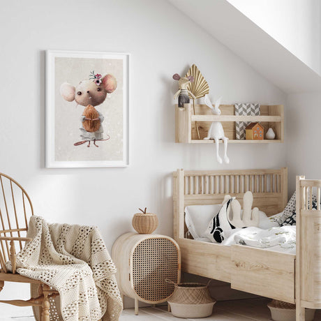 Mouse themed nursery bedroom wall art featuring soft hand painted character design