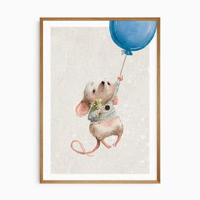 Whimsical mouse nursery wall art with blue balloon
