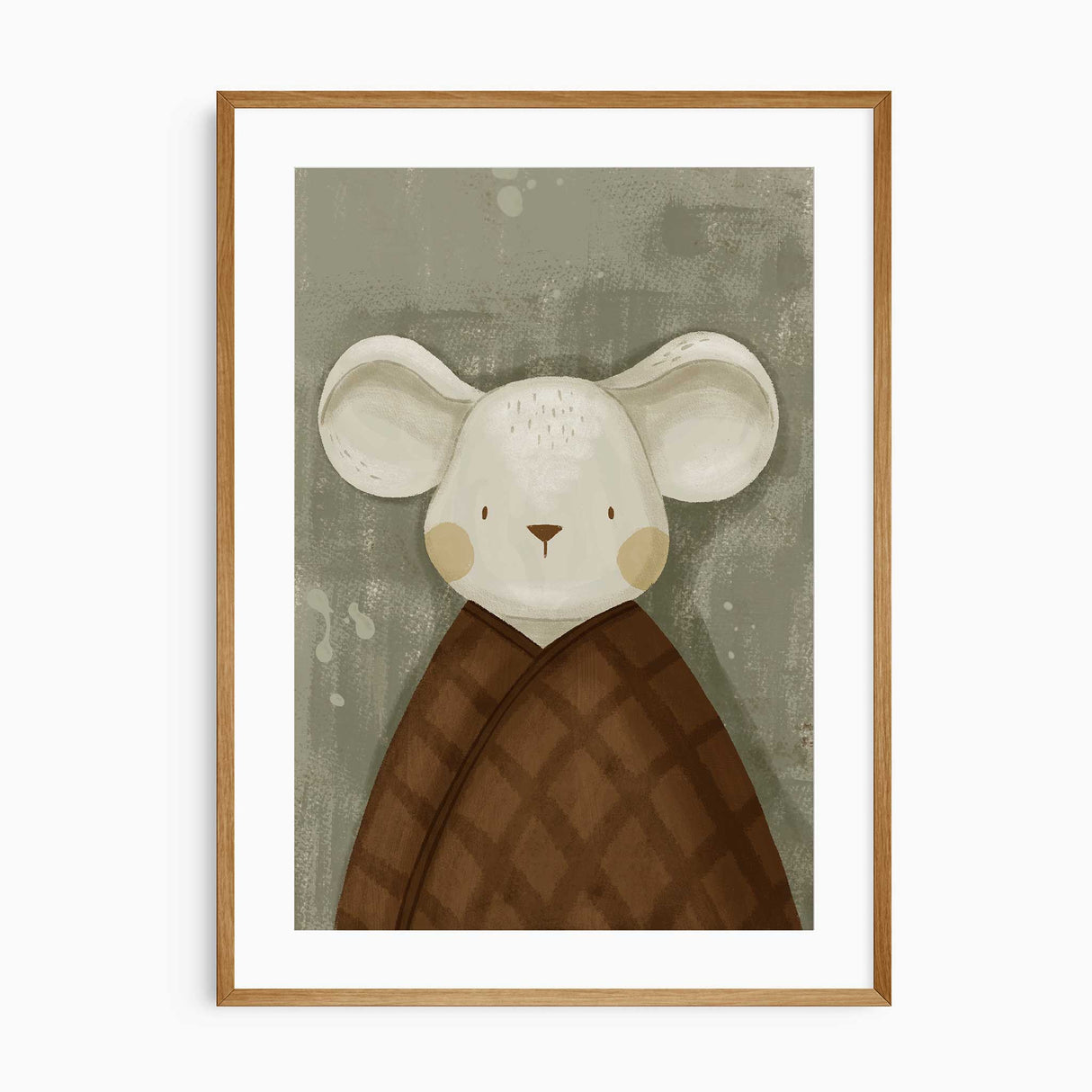 Mouse nursery wall art print in soft sage and brown tones