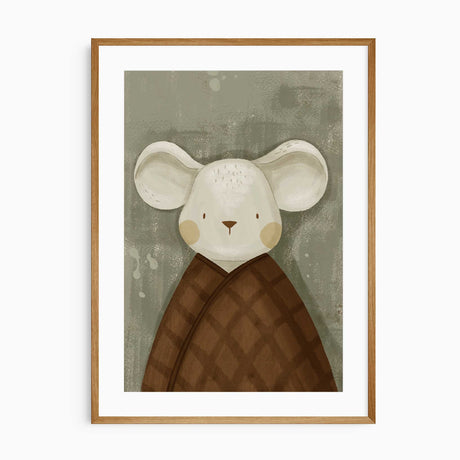 Mouse nursery wall art print in soft sage and brown tones