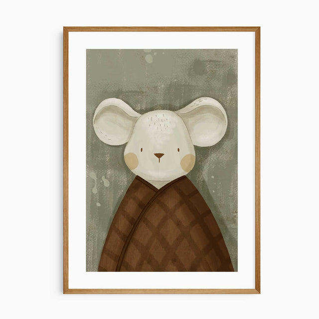 Mouse nursery wall art print in soft sage and brown tones