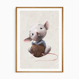 Cute illustrated mouse nursery wall art print with soft neutral tones for boys girls and gender neutral bedroom décor