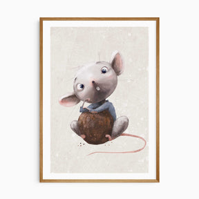 Cute illustrated mouse nursery wall art print with soft neutral tones for boys girls and gender neutral bedroom décor