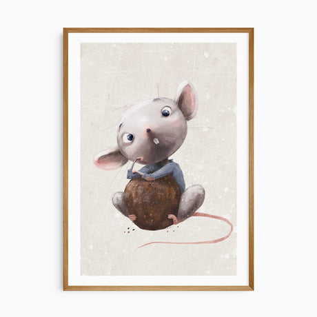 Cute illustrated mouse nursery wall art print with soft neutral tones for boys girls and gender neutral bedroom décor