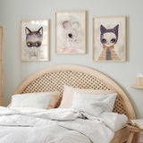 Gentle watercolour mouse wall art print styled for girls’ bedroom or playroom.