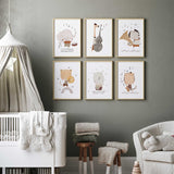 Safari animal music wall art set for nursery or kids bedroom, neutral colour prints featuring adorable animal musicians.